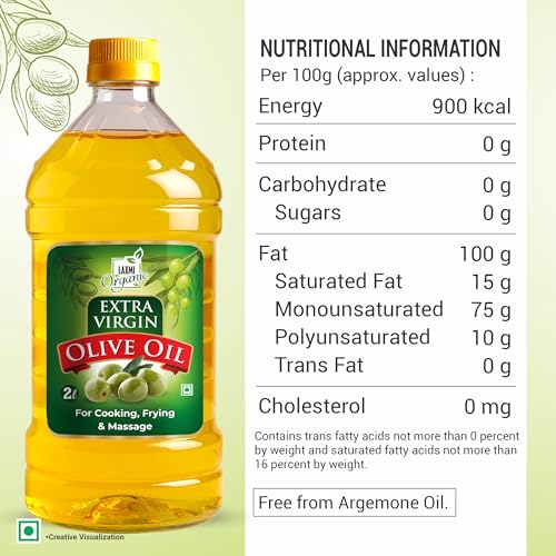 Image of LAXMI ORGANIC Extra Virgin Olive Oil 2L | Cold Pressed Jaitun Ka Tel | Pure & Natural Edible Oil for Cooking, Sauteing & Salad Dressing | Multipurpose Olive Oil for Hair, Skin & Baby Massage