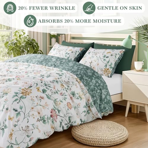 Shilucheng 100% Cotton Floral Duvet Cover King Size - 600 Thread Count, Breathable & Cooling Comforter Cover with Zipper Closure,Hotel Bedding Duvet Covers 3 Piece (White & Green)