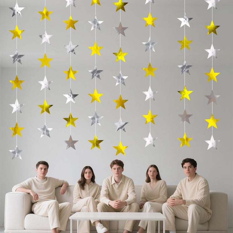 Image of Gold Silver Shining Star Hanging Garland Gold and Silver Hanging Sparkling Star Streamer Glitter Bunting Banner Twinkle Backdrop for Wedding Baby Shower Birthday Christmas Decorations 40 Feet