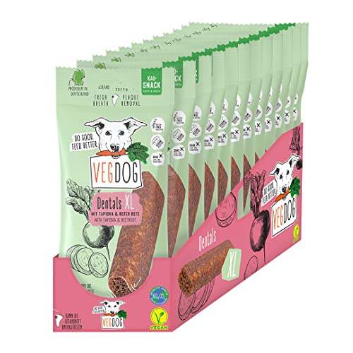 VEGDOG DENTALS XL vegane große Kausticks für Hunde zur Zahlpflege, getreidefreier Snack für Allergiker mit Tapioka und Roter Beete, Vorteilspack 12 x 100 g