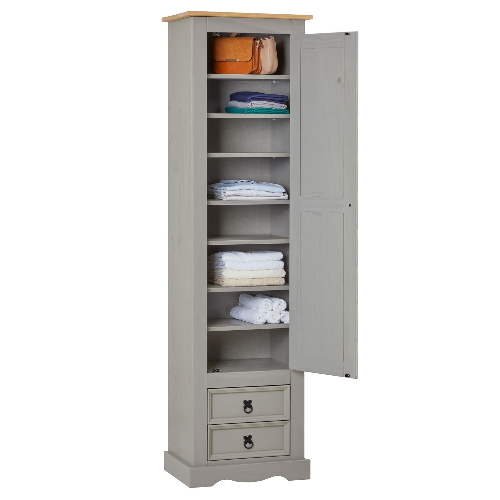IDIMEX Armoire Tequila Meuble de Rangement avec 7 tablettes derrière 1 Porte battante et 2 tiroirs, en pin Massif lasuré Gris et Brun