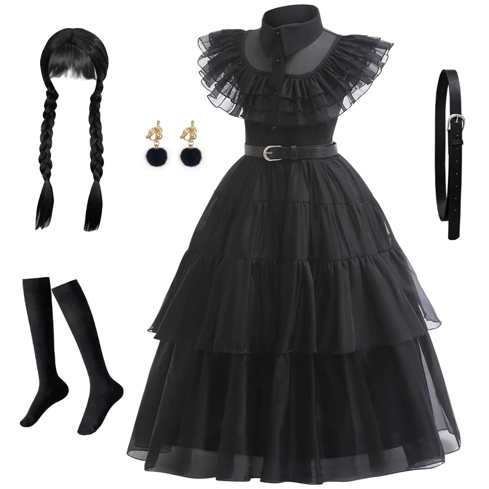 keaiyouhuo Halloween Costume Girl Dress per Bambini Abito Della Principessa Nero Cosplay Party Outfit con Cintura Parrucca Calzini 4-14Y