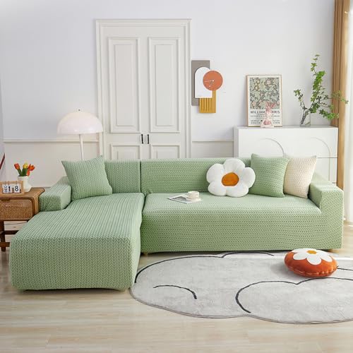 Housse canapé extensible mint green 2 places en jacquard d'angle - 3