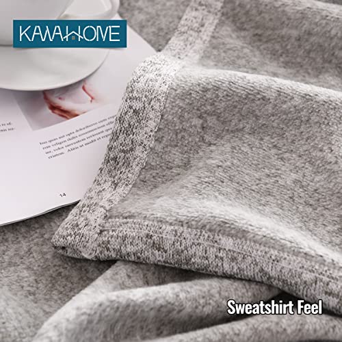 KAWAHOME Knit Blanket Lightweight Soft Breathable Cozy Fuzzy Heather Jersey Comfortable Thin Blanket 280GSM for Couch Sofa Bed, Queen Size 90"X90" (Grey and White) - Thumbnail 3