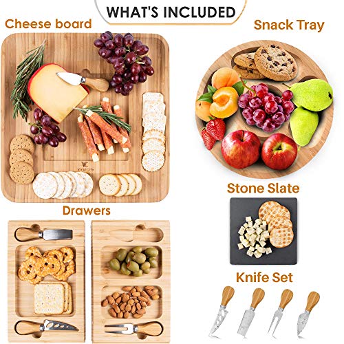 ViralCity Bamboo Cheese Board and Knife Set, Snack Tray Included, 13.8 x 13 x 1.6 Inch Wood Charcuterie Platter for Wine, Cheese, Meat, Large - Thumbnail 3