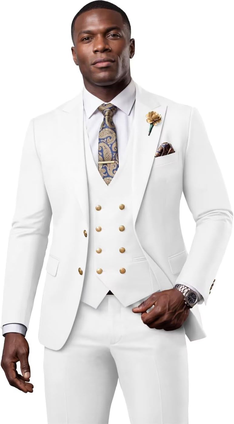 Wehilion 3 Piece Suits for Men Slim Fit Tuxedo Jacket Formal Wedding Prom Suit Double Breasted Blazer Vest and Pants