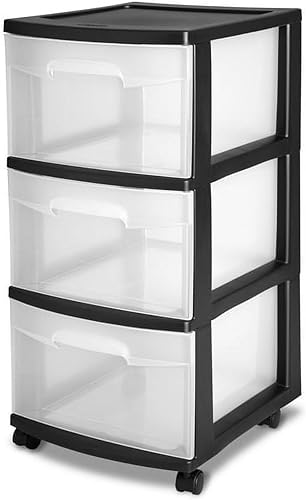 Carrito de almacenamiento de plástico de 3 cajones (negro) - Cajones transparentes visibles y ruedas extraíbles, organizador ideal para el hogar
