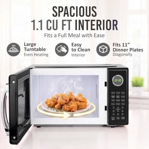 Image of Nostalgia Retro Microwave Oven - 1.1 Cu Ft, 1000-Watt Countertop Size with Glass Turntable, Child Safety Lock, 8 Auto-Cook Programs, Digital Clock - Black
