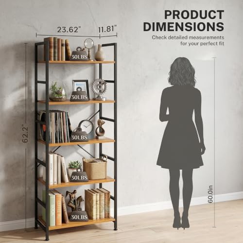 Image of HealSmart 5 Tier Bookshelf, Free Standing Book Shelf Home Office Bookcase Shelf Storage Organizer for Bedroom, Bathroom, Living Room, Office, Balcony, Wood