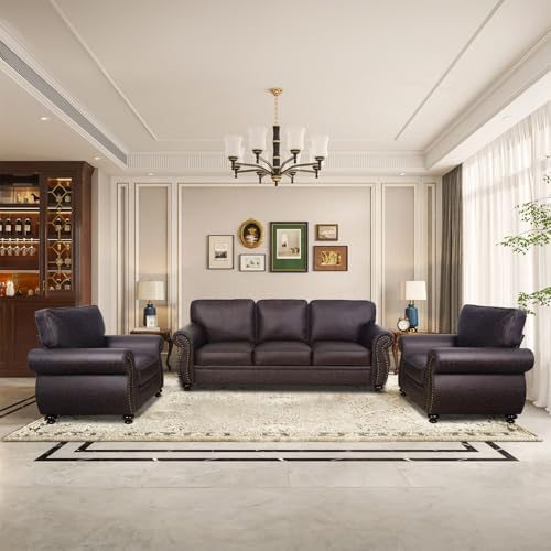 Image of Couchus 88 inch W Living Room Furniture Sets, Mid-Century Vintage Faux Leather Sofa and Couch Sets, Loveseat and Sofa Set with Nailhead Trim (Brown, 2 Single+3 Seater)