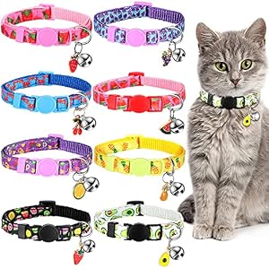 8 Pieces Breakaway Cat Collar with Bell Summer Fruit Patterns Adjustable Kitten Collar with Bell Kitty Collar for Girl Cats Kitten Kitty Cat Daily and Summer Decoration