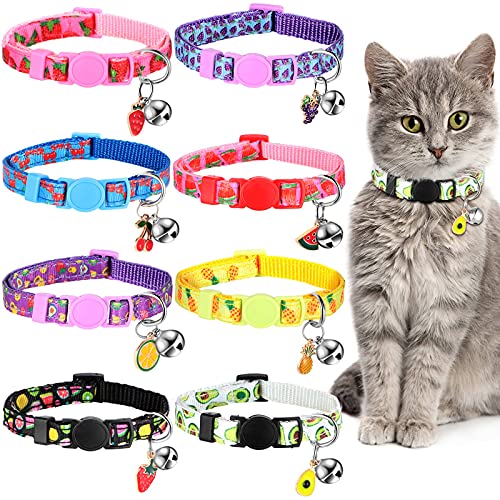 Weewooday 8 Pieces Breakaway Cat Collar with Bell Summer Fruit Patterns Adjustable Kitten Collar with Bell Kitty Collar…