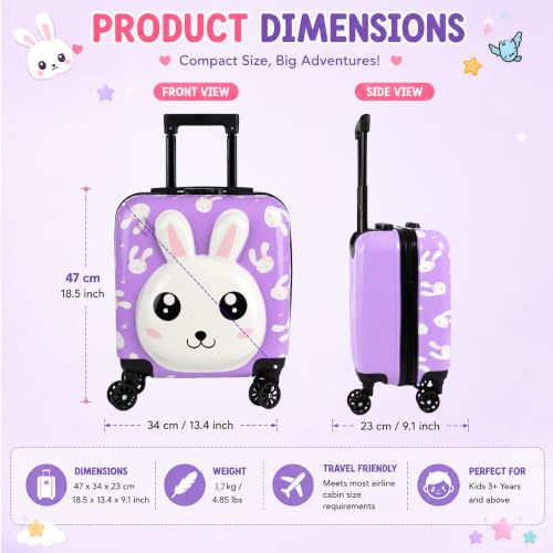 Image of Storite 18In Kids Luggage Trolley Hard Shell Cabin Suitcase | Cute Cartoon Bunny Design Suitcase Ideal For School Trips Vacations Holidays And Weekend Travel (Purple - 35 x 23 x 38 Cm)