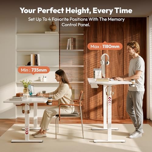Bild 4 - SANODESK Höhenverstellbarer Schreibtisch 110×54 cm – Kompakter Standing Desk mit praktischem Zubehör, ideal für kleine Räume, leise & sicher mit Anti-Kollisions-Schutz(Weiß)