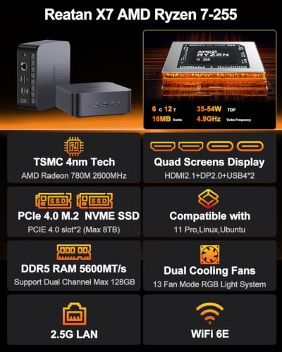 Image of Reatan X7 AMD Ryzen 7 255 Oculink Gaming Mini PC (Upgraded 8745HS) 48GB DDR5 1TB PCIe4.0 SSD 5600MHz RAM, Desktop Mini Computers Radeon 780M Graphics, 2.5G LAN /HDMI 2.1 /2 * 8K USB 4.0 /Wi-Fi 7 /BT5.4