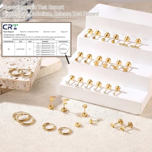 Jstyle Hypoallergenic Surgical Steel Earrings for Sensitive Ears 14K Gold Flat Back Stud Earrings for Women Men Small Stainless Steel Stud Hoop Screw Back Cartilage Earring Set for Multiple Piercing3