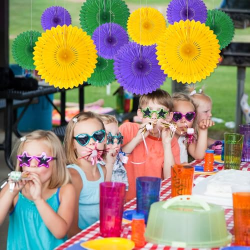 Image of 18 Pcs Mardi Gras Hanging Paper Fan, Hanging Honeycomb Round Paper Fans for Weddings, Birthdays, Christmas, Baby Showers, Classroom, Events Ceiling Party Supplies Decorations