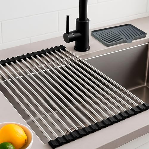 Quorama Escurreplatos sobre Fregadero + Soporte Estropajo, Escurridor de Platos para Fregadero, Plegable y Enrollable (43x35cm), Escurreplatos Acero Inoxidable, Escurridor Verduras, Escurre Platos