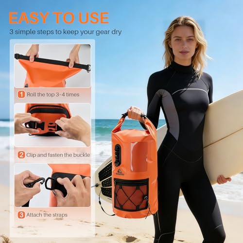 Image of Waterproof Dry Bag 500D PVC Roll Top Dry Sack with 3 Carrying Ways, Lightweight Waterproof Bag for Kayaking, Swimming, Boating, Paddle Boarding, Hiking, Beach(Orange, 25L)