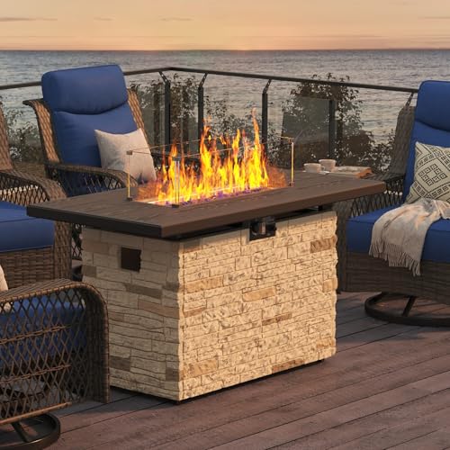 PIZZELLO 43 Inch Outdoor Fire Pit Table, 50,000 BTU Rectangle Propane Fire Pit with Glass Wind Guard, Rain Cover, Removable Lid, Matching with Outdoor Furniture Sets, CSA Certified (Buff)