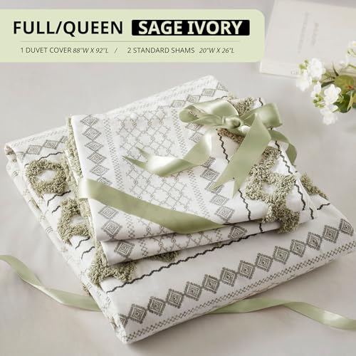 Image of Ink+Ivy Queen Duvet Cover Set Boho Chenille Tufted Cotton Duvet Cover for Queen Size Bed, All Season Queen Size Bedding Cover, Matching Shams, Imani, Full /Queen Sage Green /Ivory 3 Piece