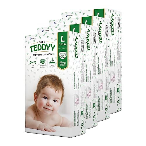 Image of TEDDYY Easy Baby L Size Diaper Pant Style | 120 Count (Large) | 9-14 kg (Pack of 4) | Long Protection Hours | Anti-Bacterial | Airy Breathable Fit | Rapid Soaker Channels with Wetness Indicator