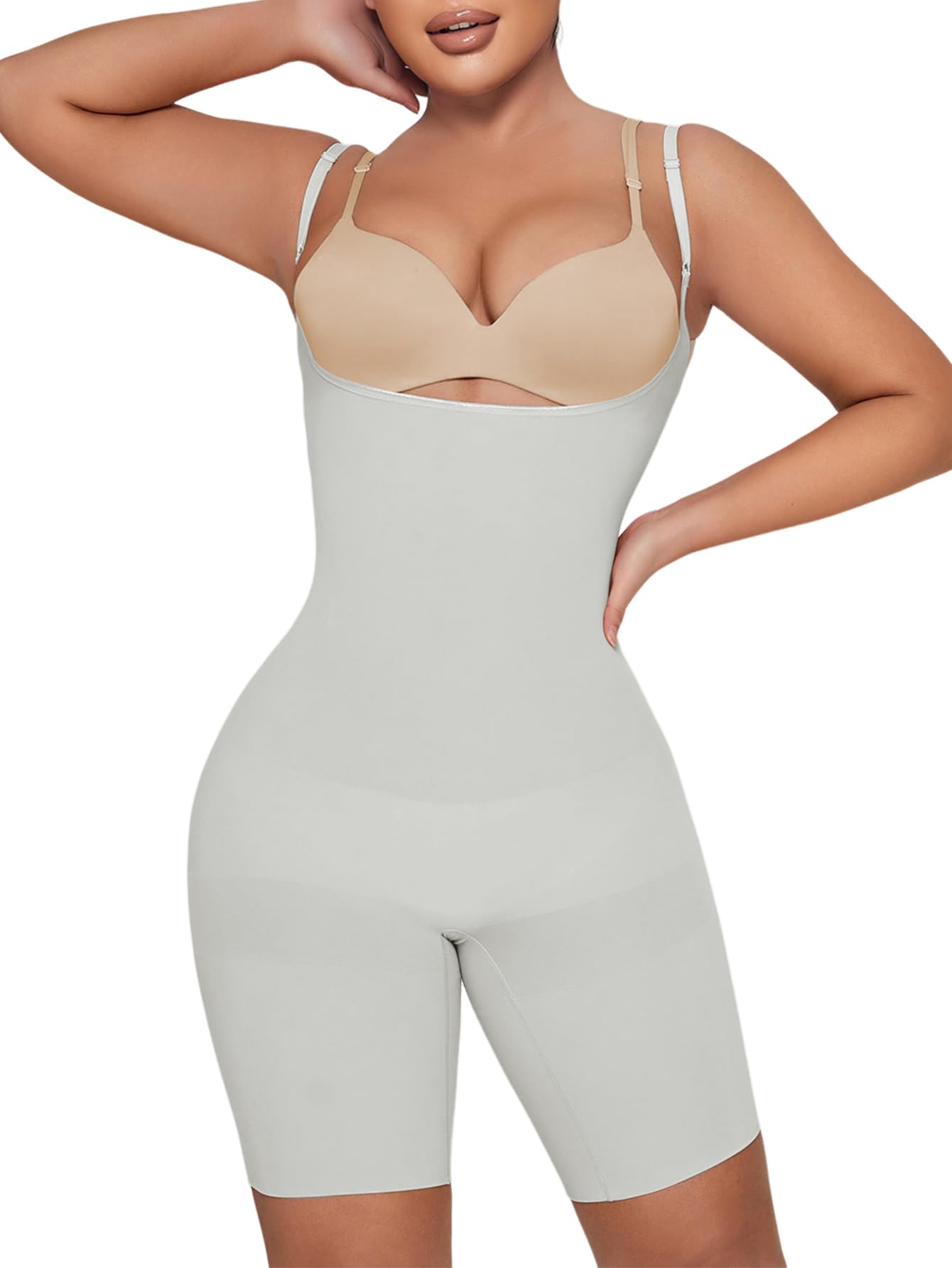 Takusun Tummy Control Shapewear Bodysuit For Women Butt Lifter Open Bust Mid Thigh Seamless Full Body Shaper