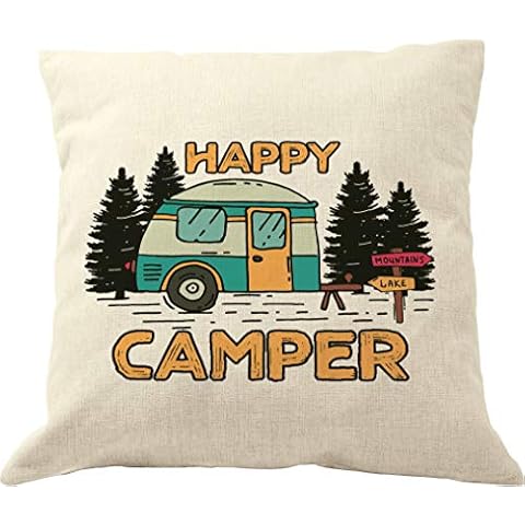 DrupsCo Happy Camper Pillow - 18 x 18 Camping Decorative Pillow Cover - Camper Decor for Travel Trailers Cover
