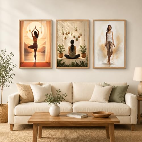 Image of Livin'luxe Set of 3 Yoga Meditation Women Wall Paintings for Living Room Bedroom Home Decor with Premium Wooden Color Synthetic Frame (25.5 x 19.5 Inch) NM03-65
