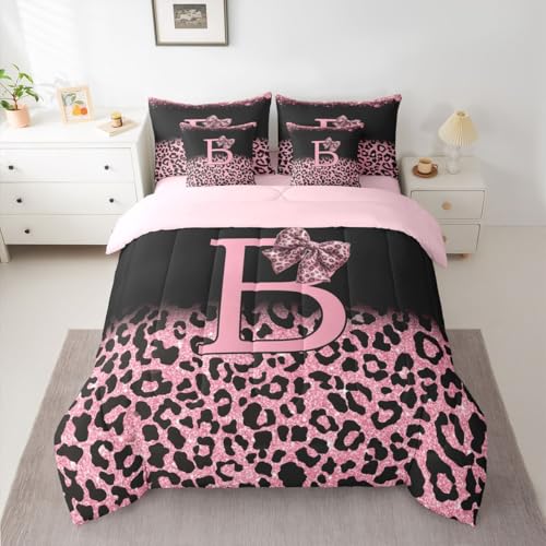 Image of Feelyou Pink Leopard Bow Comforter Set with Sheets 7 Piece King Size Initial Letter B Bed in a Bag Kids Boys Girls Girly Bowknot Bedding Set Bedroom Decor Breathable Soft Lightweight Microfiber