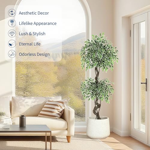 5ft Artificial Ficus Tree, Tall Fake Plants Indoor with White Planter & Pebbles, Realistic Variegated Silk Faux Tree with Natural Wood Trunk, Floor Plant for Living Room Corner, Home Office Decor - image 6