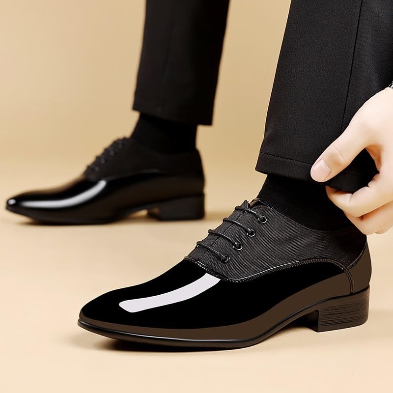 Men's Comfortable Tuxedo Shoes Formal Derby Shoes Mens Patent Leather Business Oxford Dress Shoes Heightening Effect Casual Shoes(Black,6.5)3