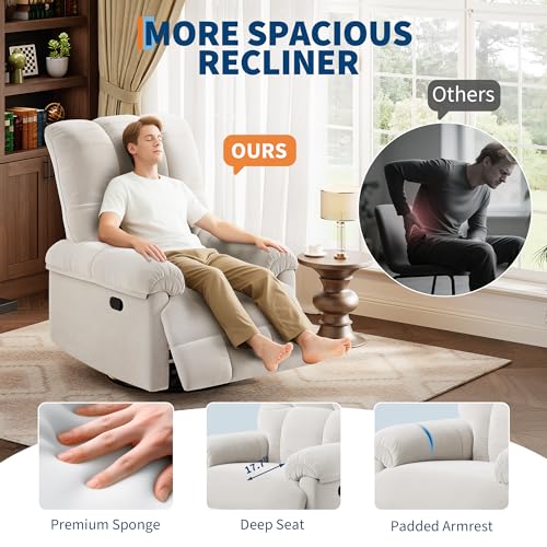Image of GarveeHome Recliner Chair, 360 Swivel Rocker Glider Nursery Chair with Padded Armrest and Deep Seat, Chenille Upholstered Reclining Sofa Chair for Living Room, Bedroom and Nursery(Cream)