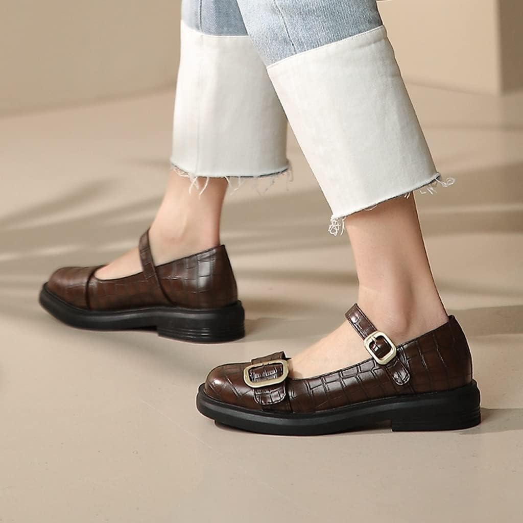 Women's Vintage Mary Jane Oxford Shoes Flats Round Toe Leather Buckle Strap Low Heel Girls Dress Shoe