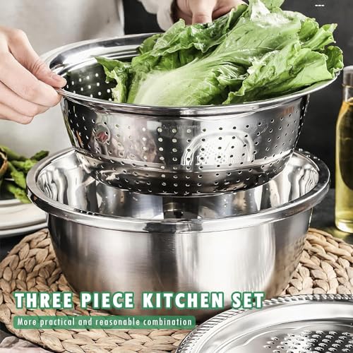 Image of KRESHU 3IN1 Stainless Steel Basin Set with Colander Grater Lid 3-Piece Multi-Function Mixing Bowl for Washing, Stainless Steel Basin Set (26 * 26 * 10CM)