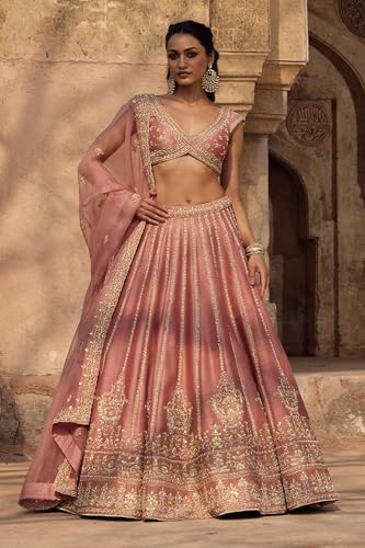 Image of JIHU CULTURE Women's Semi-Stitched Pink Fancy Silk Zari & Sequin Embroidered Lehenga Choli with Net Dupatta