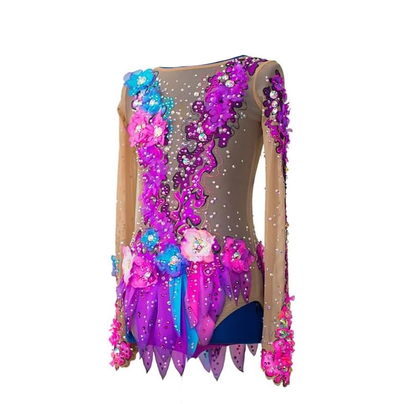 Donna Manica Lunga Competizione Professionale Ginnastica Ritmica Danza Body Ragazze Gradient Ghiaccio Pattinaggio Prestazioni Abiti Brillanti Strass Cristallo