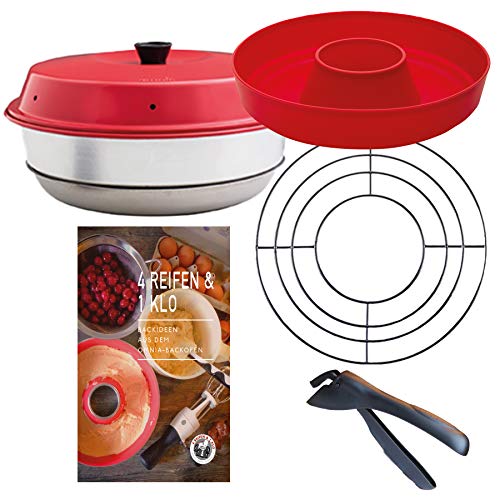 Omnia Backofen 5-teiliges Spar-Set | Backofen + Silikon-Backform 2.0 + Backideen Backbuch + Aufbackgitter + Haltezange für den