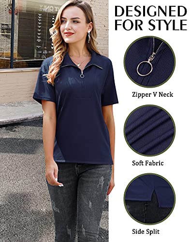 Mckol Casual Blouses For Women Fashion Women's Short Sleeve Zipper Collared Shirts Flattering Dressy Tunic Tops To Wear With Leggings Side Split Ribbed Performance Polo Golf Shirt Navy Blue Large #TOP3