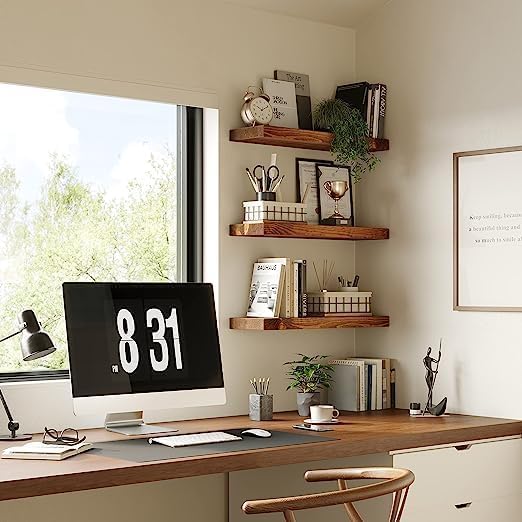 Image of Solid Wood Floating Wall Shelves | Rustic Wooden Display Shelves for Living Room, Bedroom, Kitchen & Bathroom | Heavy Duty Wall Mounted Shelves (20 Inches, 3 Shelves)