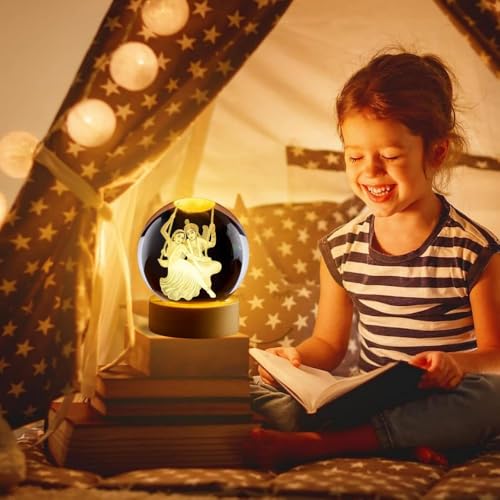 Image of Radha Krishna 3D Crystal Ball Night Light with LED Wooden Stand - Glass Sphere Aquarium Style Lamp for Room Decor & Unique Gifts