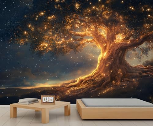Papier peint motif arbre, décoration murale arbre flash doré, papier peint pour salon, chambre à coucher, arrière-plan TV, hôtel, bar, décoration – 250...