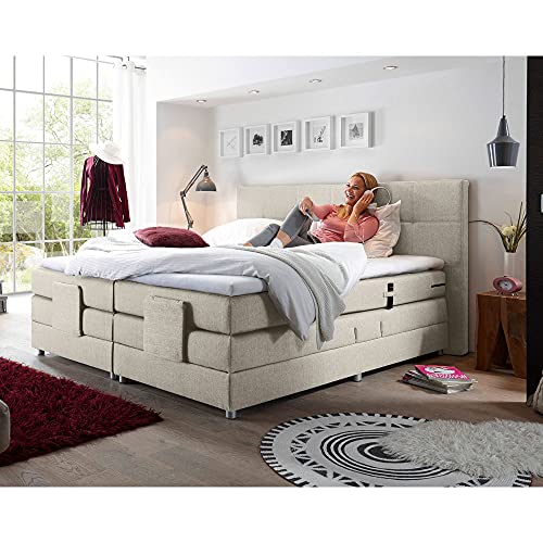 Lomadox Boxspringbett Hotelbett Doppelbett in Ivory Creme, Komfort Topper, 180x200 cm, H2, elektrisch verstellbar, Taschenfederkern-Matratze