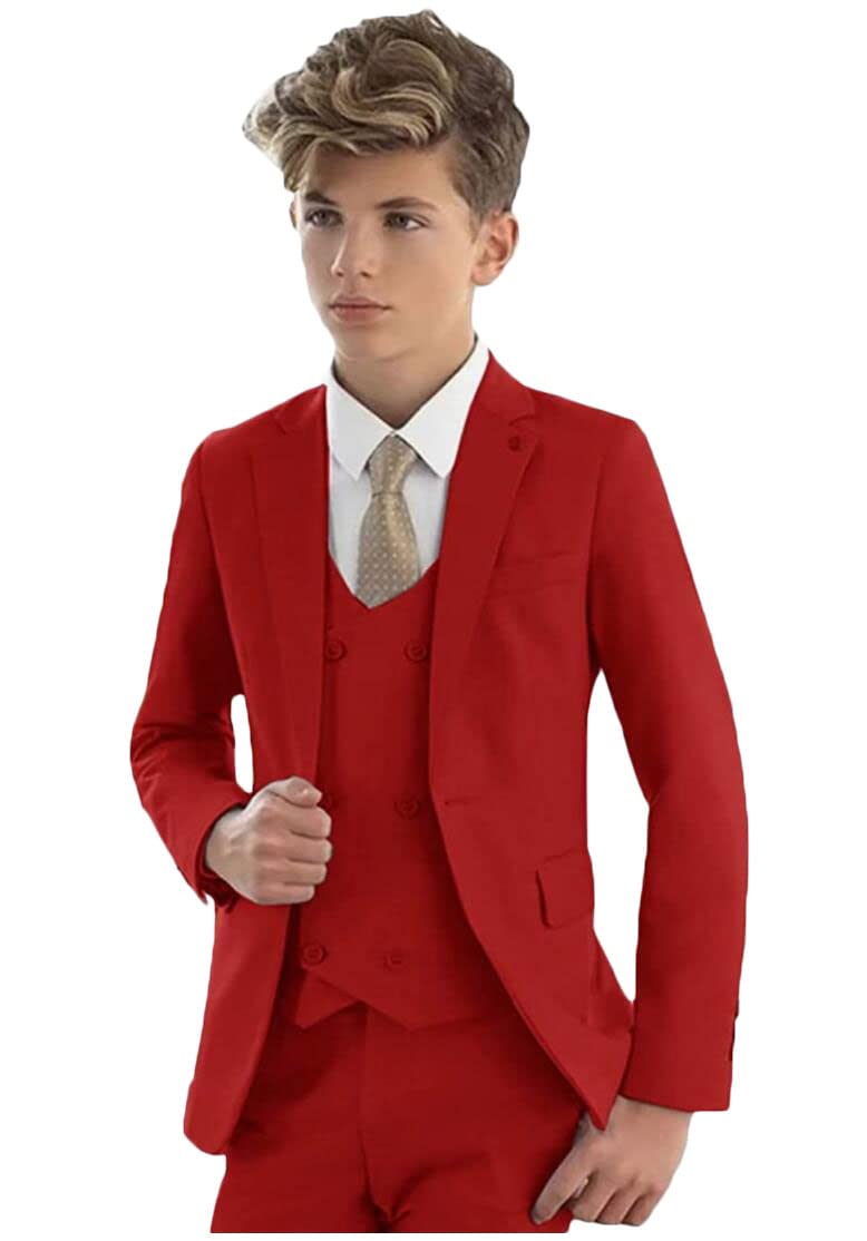 Botong 3 PC Formal Suit for Boys Peak Lapel Jacket Vest Pants Boys Party Suit Wedding Tuxedos Kids Suit Red 14T