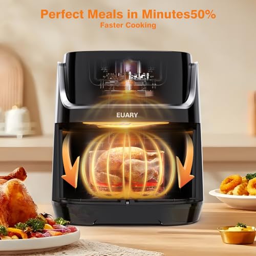 EUARY Freidora Sin Aceite 8L 1700W Freidora de Aire Caliente con 12 Programas Pantalla LED Táctil AirFryer con 32 Recetas en Español y Precalentar