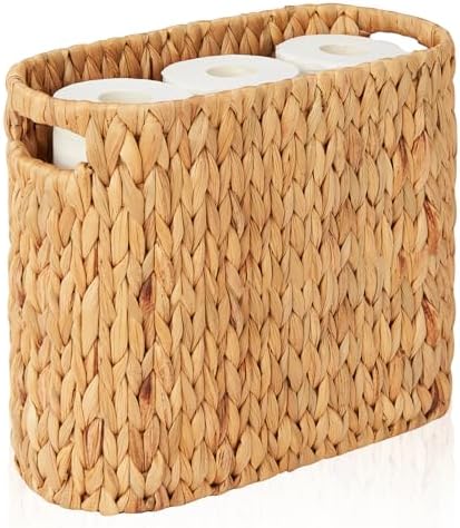 FairyHaus Wicker Toilet Paper Storage Basket with Buit-in Handles, 9 Rolls Natural Water Hyacinth Toilet Paper Holder Stand with Storage, Freestanding Handwoven Toilet Paper Holder Basket for Bathroom