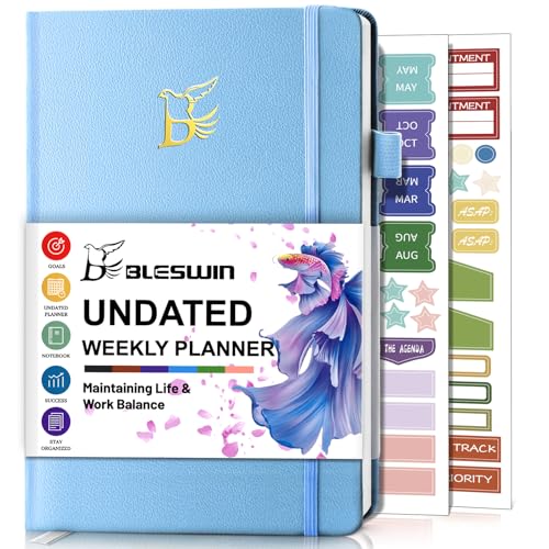BLESWIN Agenda Settimanale Non Datata, A5 Agenda (21,5 x 14,5 cm), Diario di Agenda Organizer con Lista di cose da Fare e Tracciamento delle Abitudini, Agenda da Lavoro per Uomini e Donne, Blu