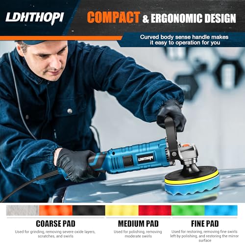 LDHTHOPI Buffer Polisher, 1600W 7 Inch/6 Inch Rotary Buffer Polisher Waxer, 7 Variable Speed 1000-3500 RPM, Detachable Handle for Car, Boat Sanding, Polishing, Waxing by LDHTHOPI - Image 6