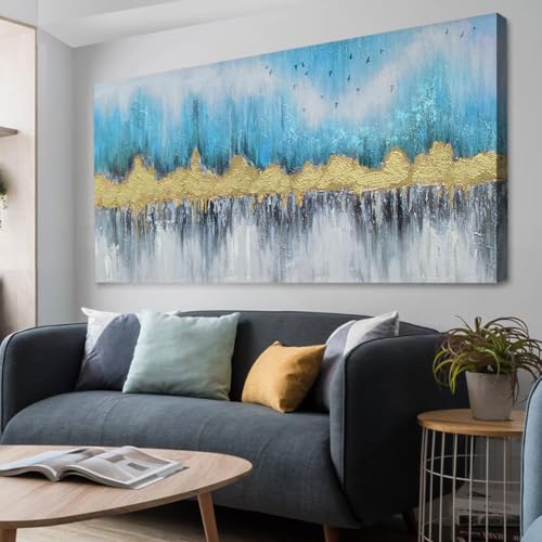 Ardemy Abstract Wall Art Large Canvas Art Wall Decor Living Room Teal and Gold Wall Painting Picture Artwork for Bedroom Home Office, 40"x20" 58"L x 29"W Blue and gold