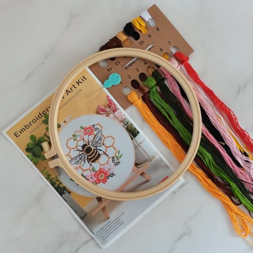 Image of Effaci Embroidery Starter Kit for Adult Beginner - Bee Hive Flower Pattern Hand Embroidery Set with Hoop, Needle, Threader, Floss and Instructions